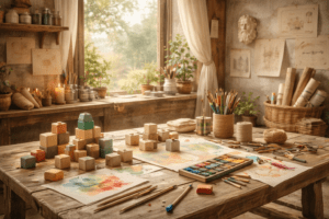 Heller, minimalistischer Kreativraum mit Holztisch. Auf dem Tisch liegen Bauklötze, Aquarellfarben, Pinsel und Skizzenblätter. Warmes Tageslicht fällt durch ein Fenster und schafft eine ruhige, inspirierende Atmosphäre.