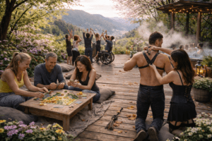 Auf einer Holzterrasse im blühenden Schwarzwald spielen mehrere Erwachsene „Siedler von Catan“. Daneben hilft eine Frau einem Mann dabei, ein Lederharness am Rücken zu schließen. Im Hintergrund tanzen Menschen, darunter auch eine Person im Rollstuhl. Ein stark dampfender Whirlpool rahmt die Szene.