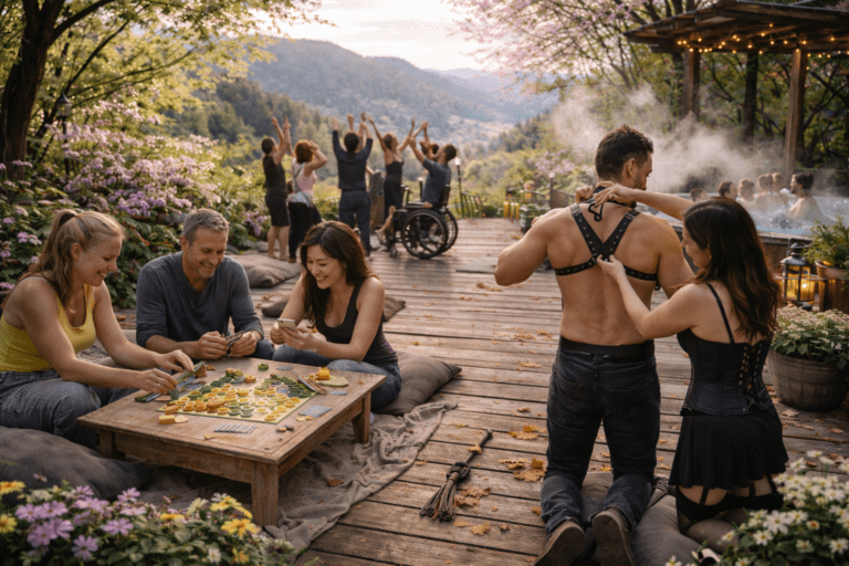 Auf einer Holzterrasse im blühenden Schwarzwald spielen mehrere Erwachsene „Siedler von Catan“. Daneben hilft eine Frau einem Mann dabei, ein Lederharness am Rücken zu schließen. Im Hintergrund tanzen Menschen, darunter auch eine Person im Rollstuhl. Ein stark dampfender Whirlpool rahmt die Szene.