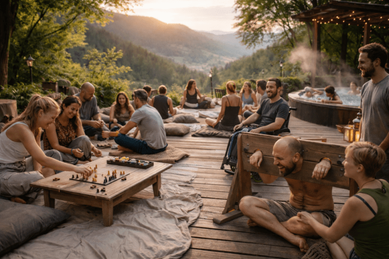 Eine diverse Gruppe Erwachsener verbringt Zeit auf einer Holzterrasse mit Blick ins Schwarzwaldtal. Einige spielen ein Brettspiel, andere sitzen im Gesprächskreis, eine Person im Rollstuhl ist Teil der Runde. Die Stimmung ist offen, entspannt und wertschätzend.