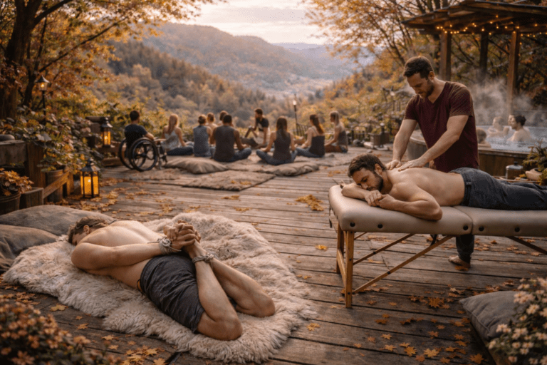 Auf einer herbstlichen Holzterrasse liegt ein Mann auf einem Schaffell, seine Hände und Füße sind zusammengebunden. Daneben wird ein Mann auf einer Massageliege von seinem Partner massiert. Im Hintergrund sitzen Menschen im Workshopkreis. Warme Herbstfarben und ein dampfender Whirlpool prägen die Szene.