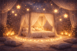 Romantisches Schlafzimmer mit Lichtern.