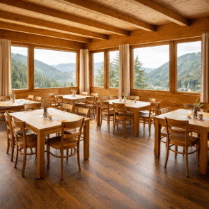 Der helle Essensraum mit Blick ins Schwarzwaldtal lädt zu gemeinsamen Mahlzeiten ein. Hier ist Raum für nährende Gespräche, gemeinsames Lachen, Spiele, stilles Zusammensitzen und das Erleben von Gemeinschaft jenseits des Seminarrahmens.