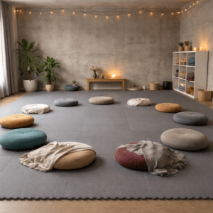 Ein klarer, geschützter Raum für Austausch, Innehalten und gemeinsame Prozesse. Auf weichen Matten, Sitzpuffs und Decken entsteht ein Kreis, der getragenen Dialog, Körperarbeit, Reflexion und sanftes Ankommen ermöglicht.